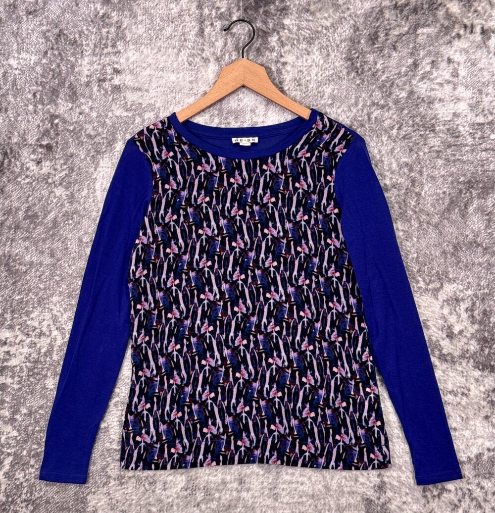 REISS Top XS Womens Blue Abstract Silk Long Sleeve Blouse